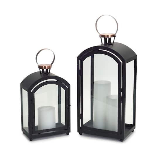 Black and Gold Metal &#x26; Glass Lantern Set, 15&#x27;&#x27; &#x26; 20&#x27;&#x27;